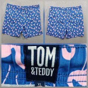 Tom & Teddy Flamingo Print Swim‎ Trunks Mens XL Navy Blue Pink Lined EUC